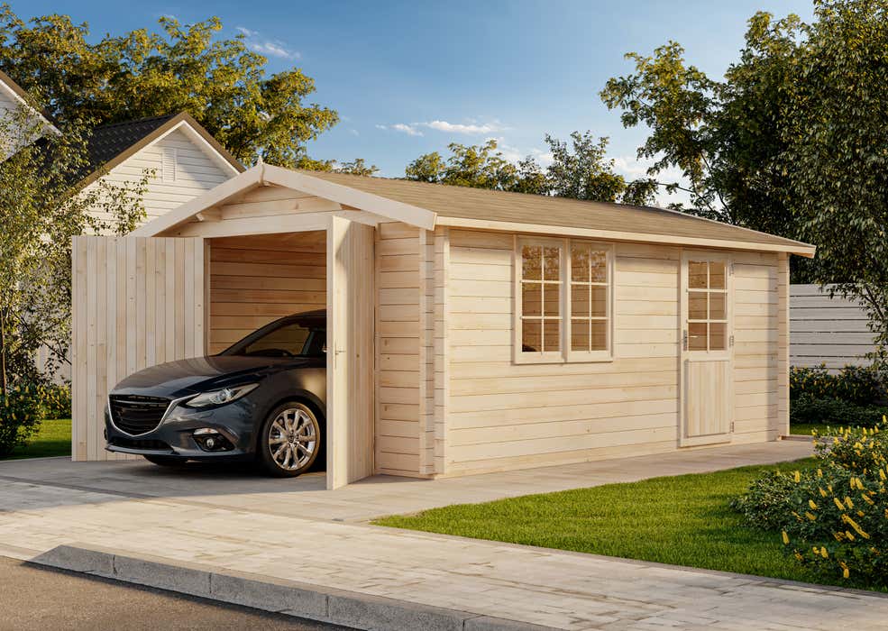 Alpholz A-70 ISO houten garage, natuurlijke houtlook, carport met 70 mm wanddikte, FSC-gecertificeerd, prefab garage met montagemateriaal, geïmpregneerd, 4x6m