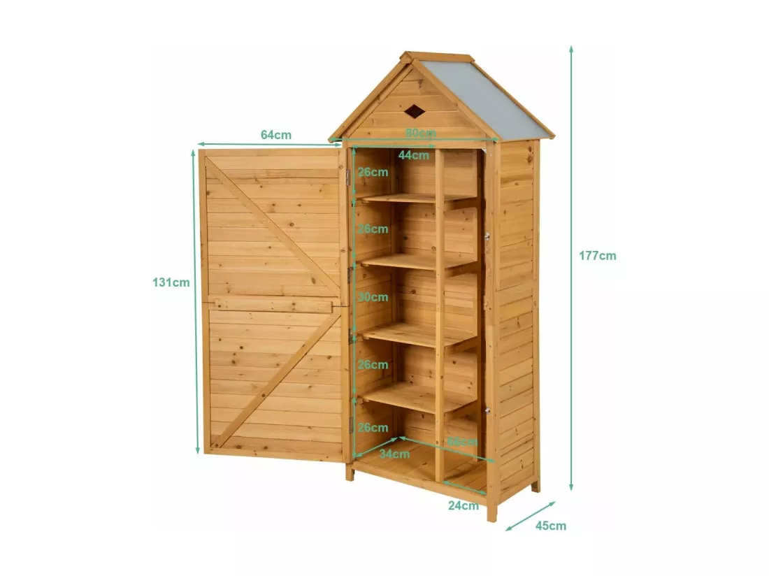 Abri de Jardin Extérieur en Bois de Sapin à 5 Etagères, 70 x 35,5 x 176 CM, Cabane de Rangement Verrouillable pour Outils de Jardin avec 5 Etagères, Tôle Galvanisé