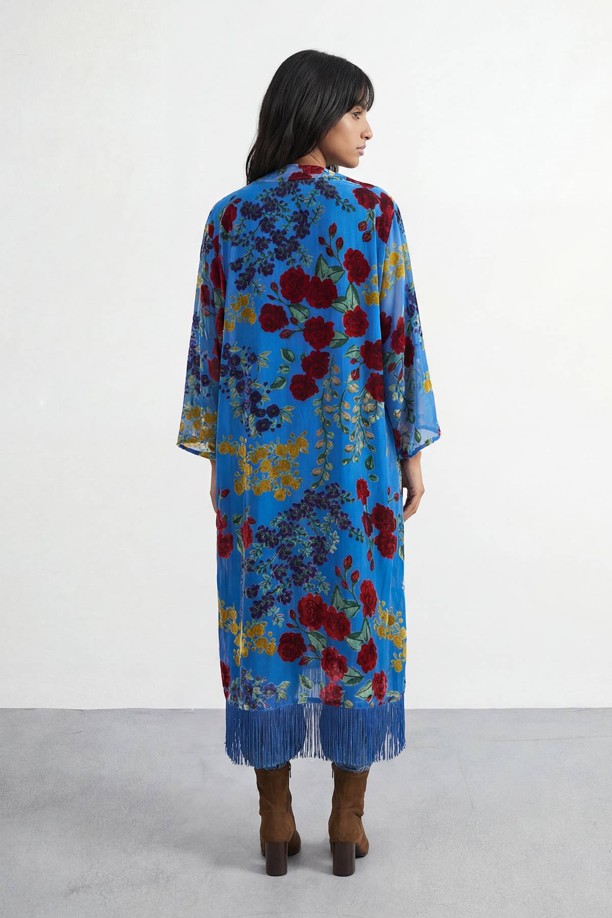 Warehouse Kimono Midi Premium À Motif Dévoré Avec Ourlet À Franges