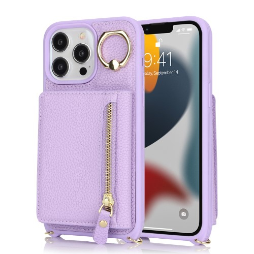iPhone 13 Pro Necklace Leder Hülle mit Münzfach und Kartenfächer   Finger Griff Halterung   Handykette - Lila