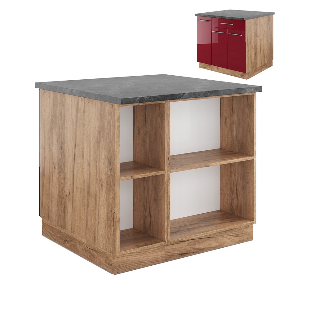 Vicco Kücheninsel Küchenblock Einbauküche Fame-Line Eiche Bordeaux Rot 90 cm modern Hochglanz Küchen Schränke Apothekerunterschrank Schubunterschrank Regalinselunterschrank Softclose-Scharnier Küchenmöbel