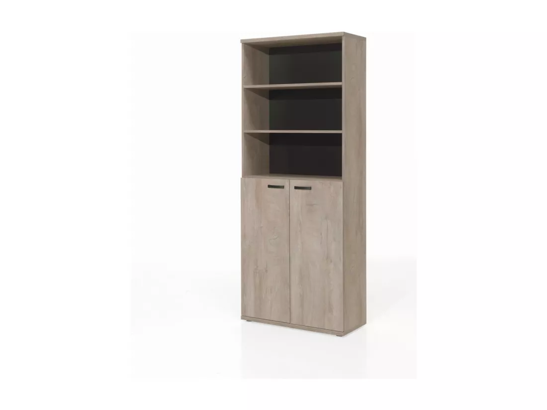 Bibliothèque de Bureau robuste - Meuble 2 Portes et étagères Chêne brut et Noir | Collection YUKON