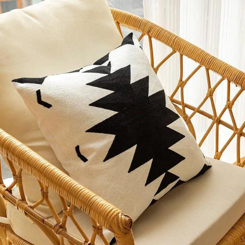 Modern Black & White Embroidered Cushion Cover | Geometric Boho Decorative Pillowcase