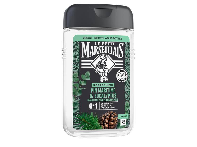 Le petit Marseillais Duschgel Men 4 in 1 Kiefer und Eukalyp Pflegedusche mit Strandkiefer und Eukalyptus, Farnkraut und pflanzlichen Zutaten