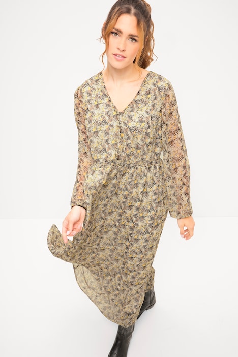 Maxikleid, A-Line, Leo Minimal, V-Ausschnitt, elastische Taille, Langarm