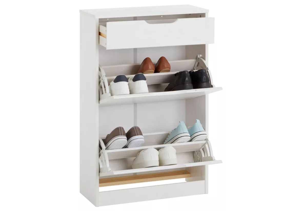 Meubles à chaussures BASIL rangement armoire avec 2 abattants et 1 tiroir, en pin massif lasuré blanc