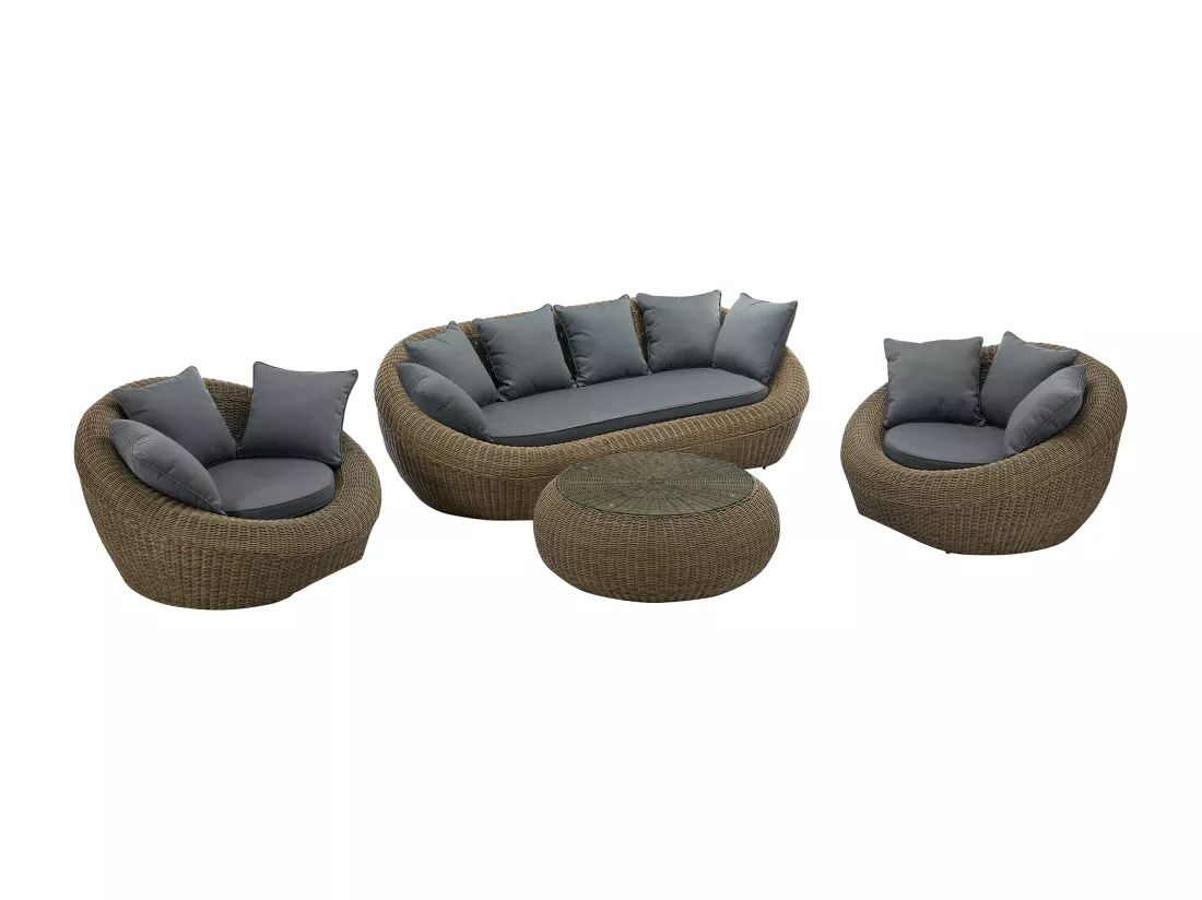 Salon de jardin en résine tressée naturel foncé : canapé, 2 fauteuils et table basse - WHITEHEAVEN de MYLIA