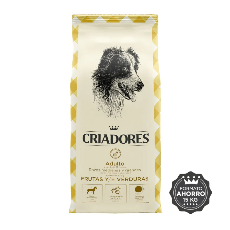 Ração para cães adultos Breeders, com frutas e vegetais, para raças médias e grandes.