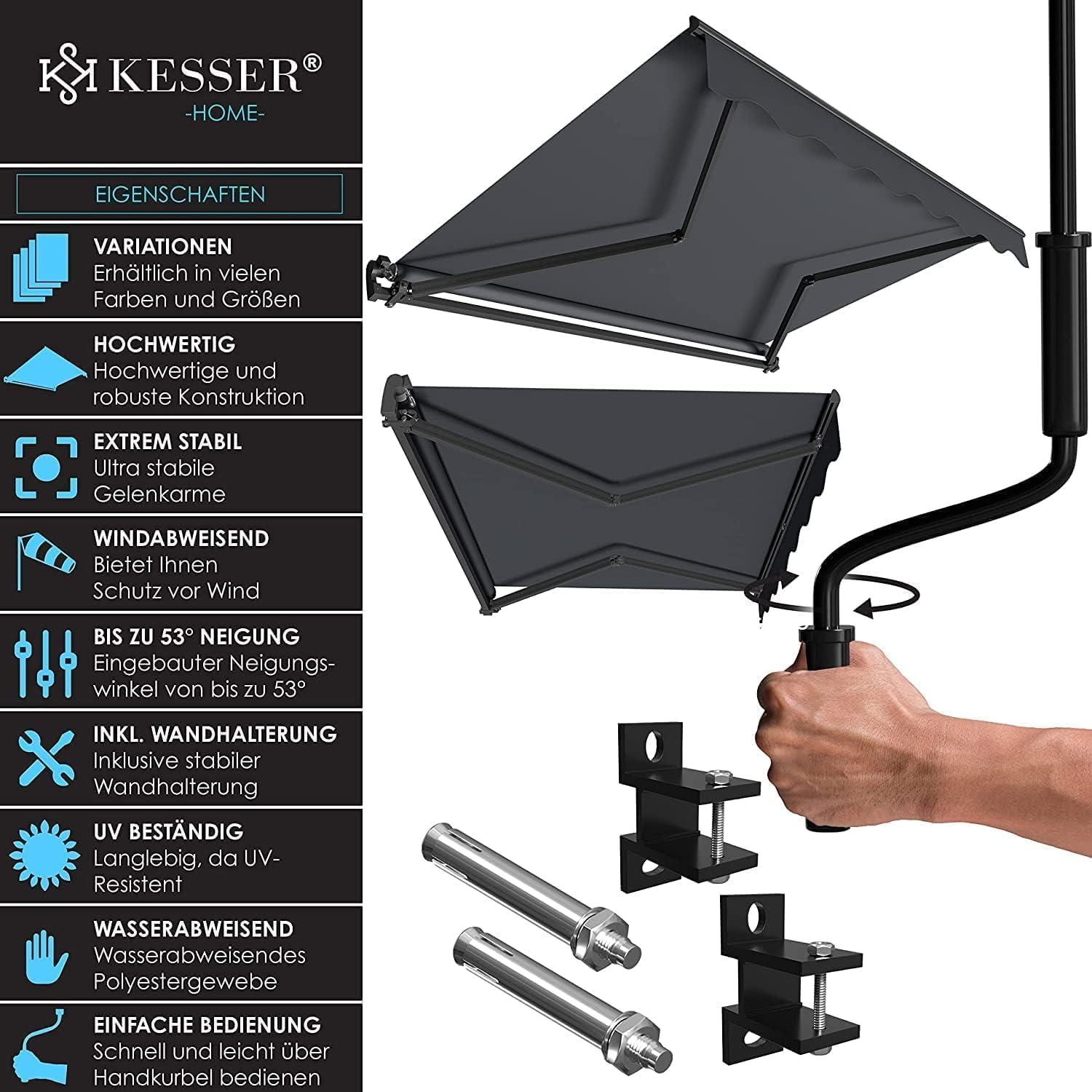 KESSER® Gelenkarmmarkise Markise Gelenkmarkise 300 x 250cm Terrassenmarkise Klemmmarkise Sonnenmarkise inkl. Wandhalterung Sonnenschutz Balkonmarkise wasserabweisend Alu/Polyester, Anthrazit