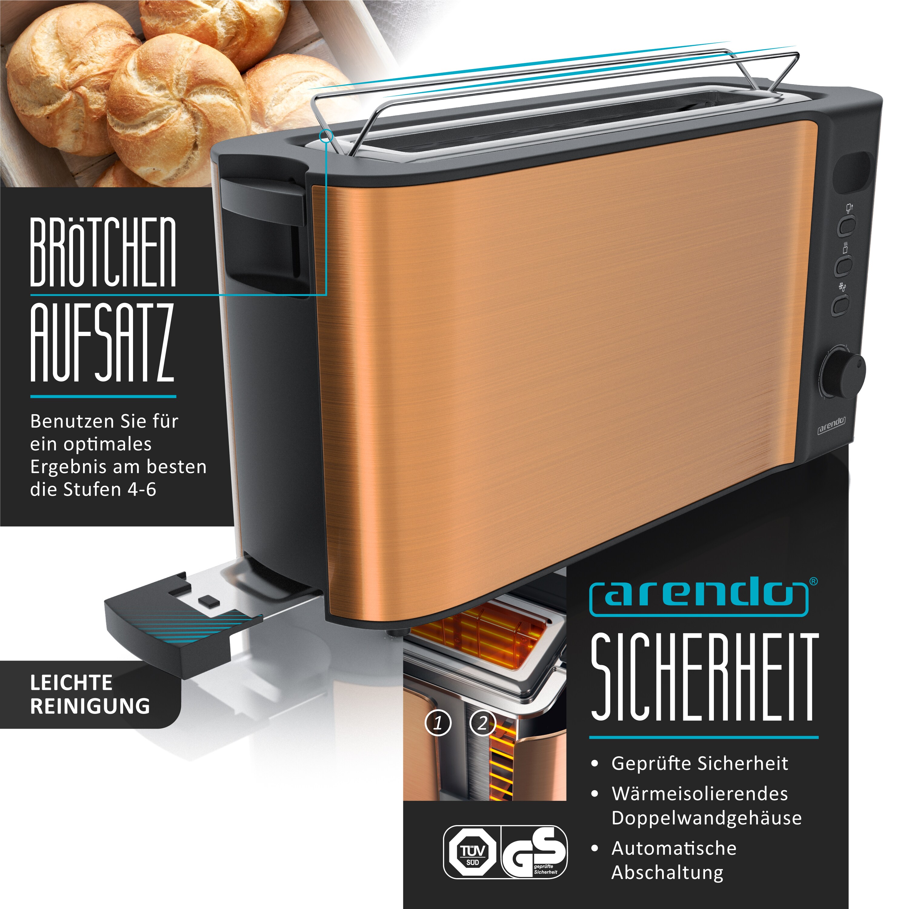 Arendo - SET Toaster FRUKOST mit Eierkocher SEVENCOOK Edelstahl Kupfer, Toaster 2 Scheiben, LED-Display, 6 Bräunungsgrade, Brötchenhalter - Eierkocher
