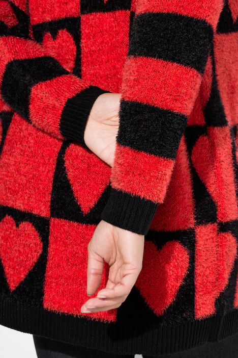 Strickjacke, Straight Fit, Herz-Muster, geringelter Langarm, neon rot