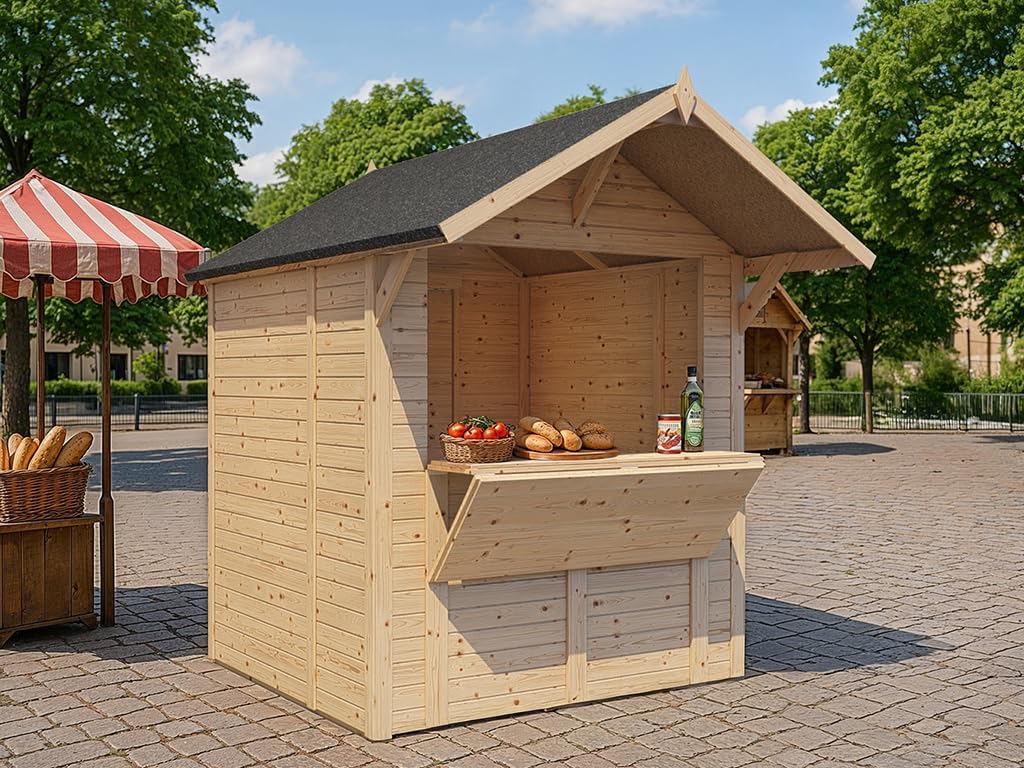 Marktstand | Verkaufsstand Holz | 177x171x243 cm | 3,1m² | Natur | mit Boden | Satteldach | Wandstärke 14mm | Dach 12mm | Fichte | Markt | Weihnachtsmarkt | Wochenmarkt | Flohmarkt | Festival