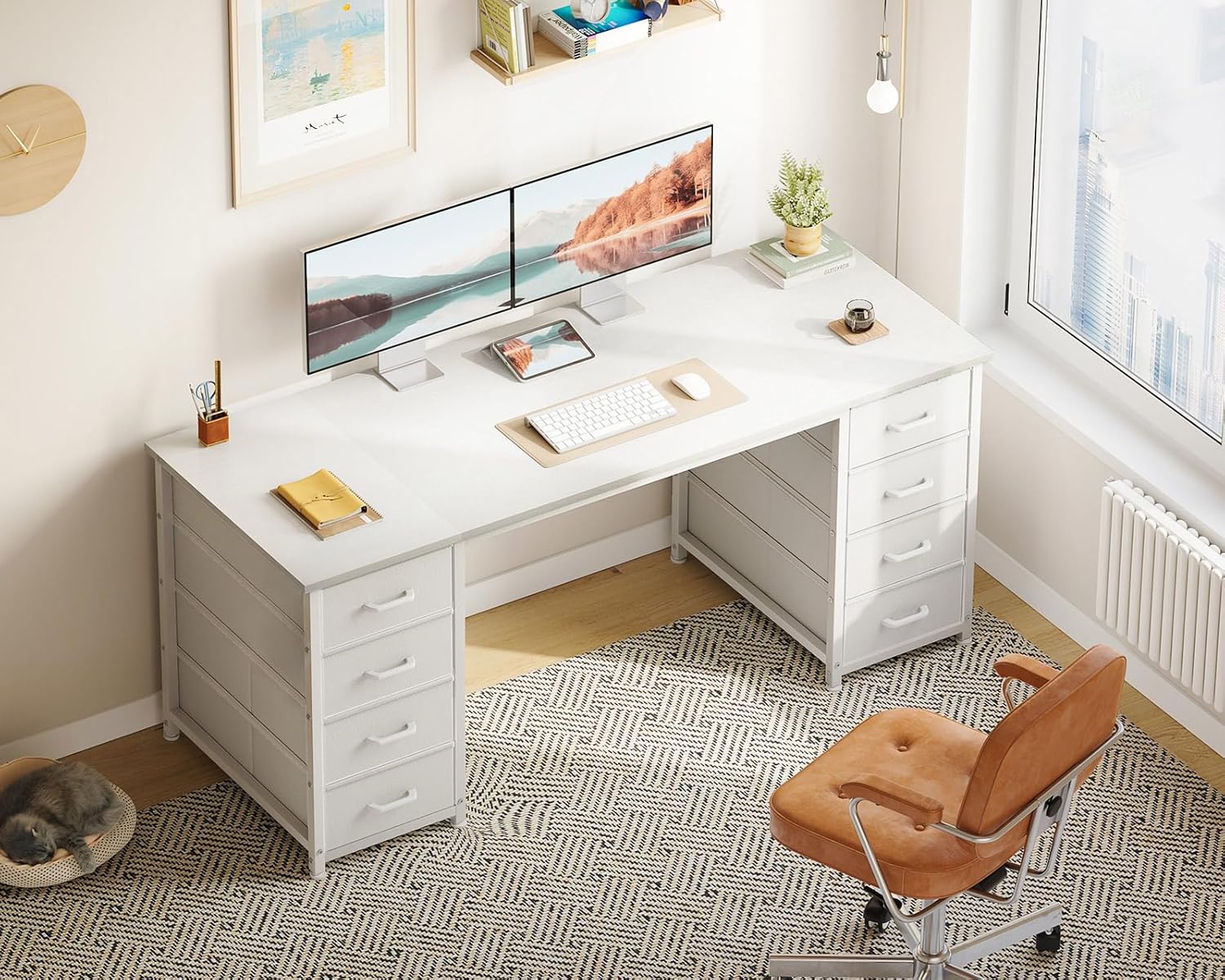 Coleshome Schreibtisch mit 8 Stoff Schubladen, 140x48cm Schreibtisch Weiß mit Stauraum Computertisch Vielseitig, Bürotisch PC Tisch Officetisch für Büro, Wohnzimmer, Home Office