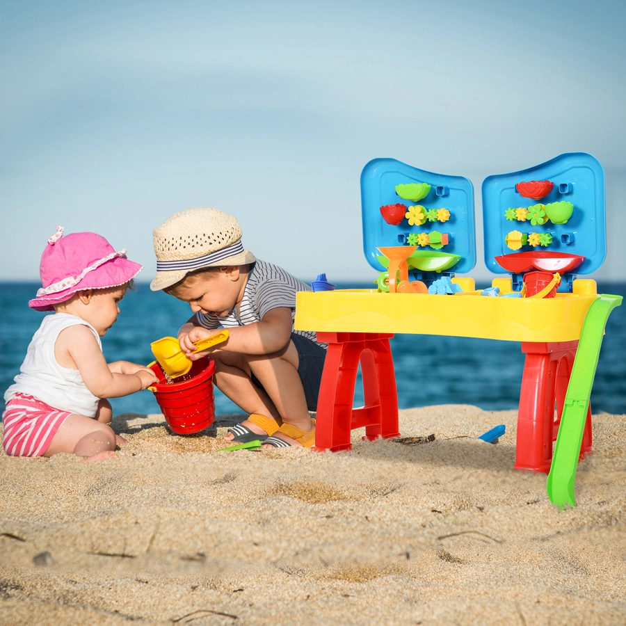 HOMCOM Kinder Sandkastentisch mit 31-tlg. Zubehör blau, gelb