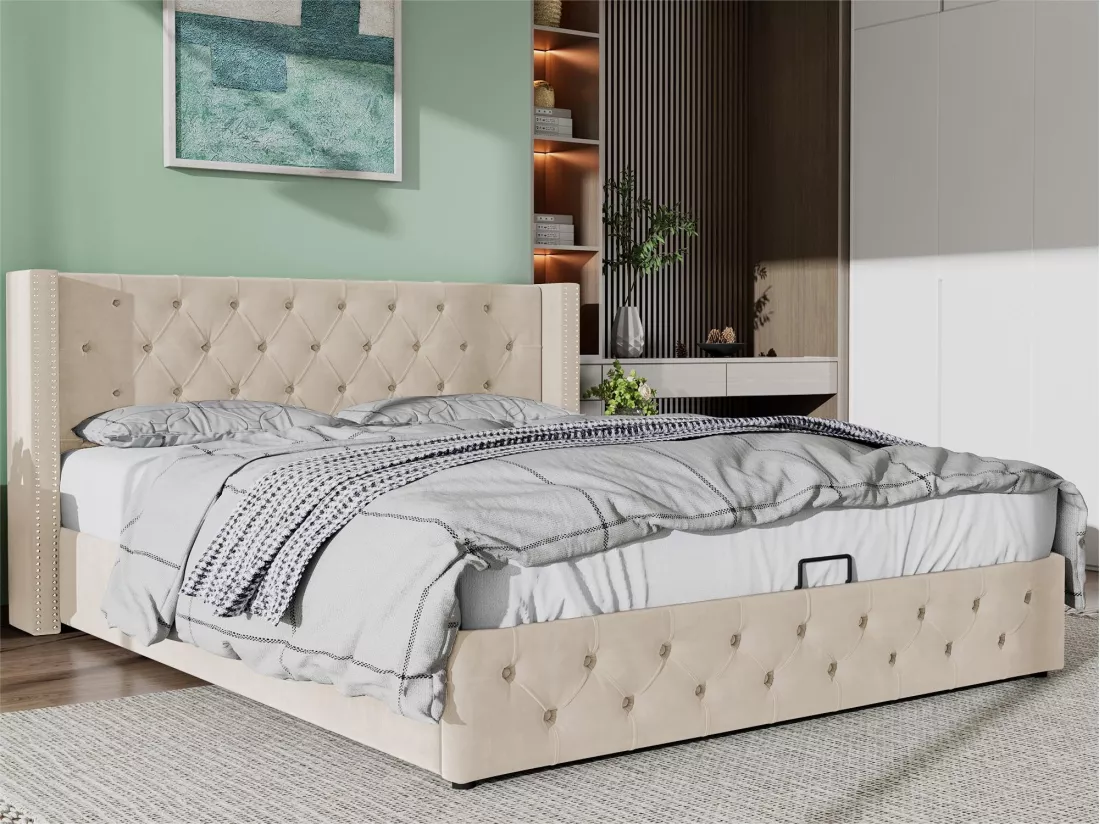 Lit coffre 160 x 200 cm, lit double rembourré en velours, décor avec rivets et boutons, sommier à lattes, style chesterfield, beige