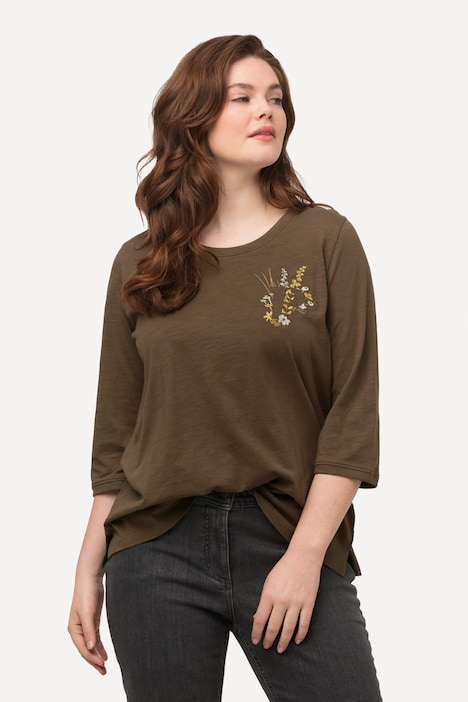 Shirt, Stickerei, Rundhals, 3/4-Arm, Biobaumwolle