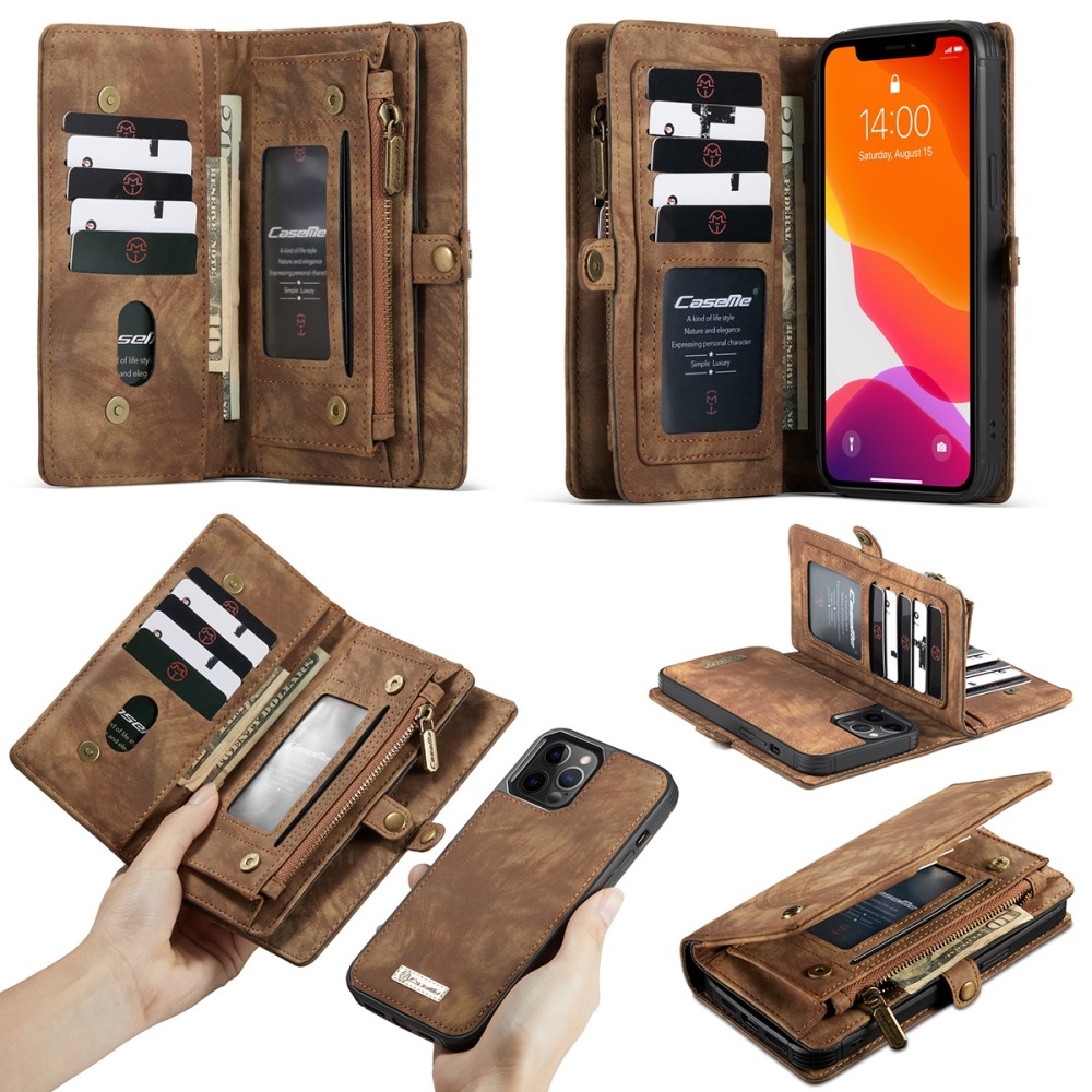 iPhone 12 / iPhone 12 Pro 2in1 Leder Tasche   Magnet Hardcase Karten Etui - Hellbraun