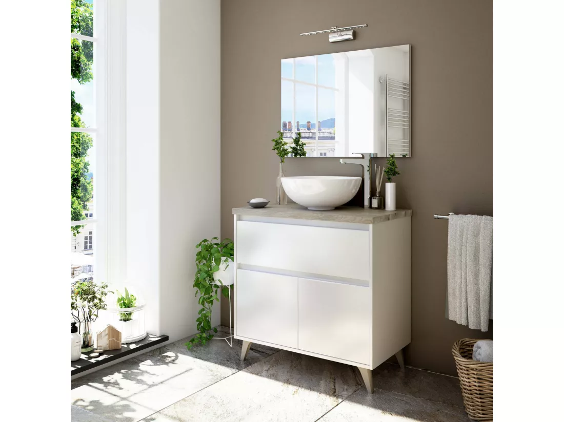 Meuble sous-vasque Berkeley, Meuble de salle de bain avec 2 portes et 1 tiroir, Meuble de sol, lavabo non inclus, 78,5x46h80 cm, Blanc brillant et Orme