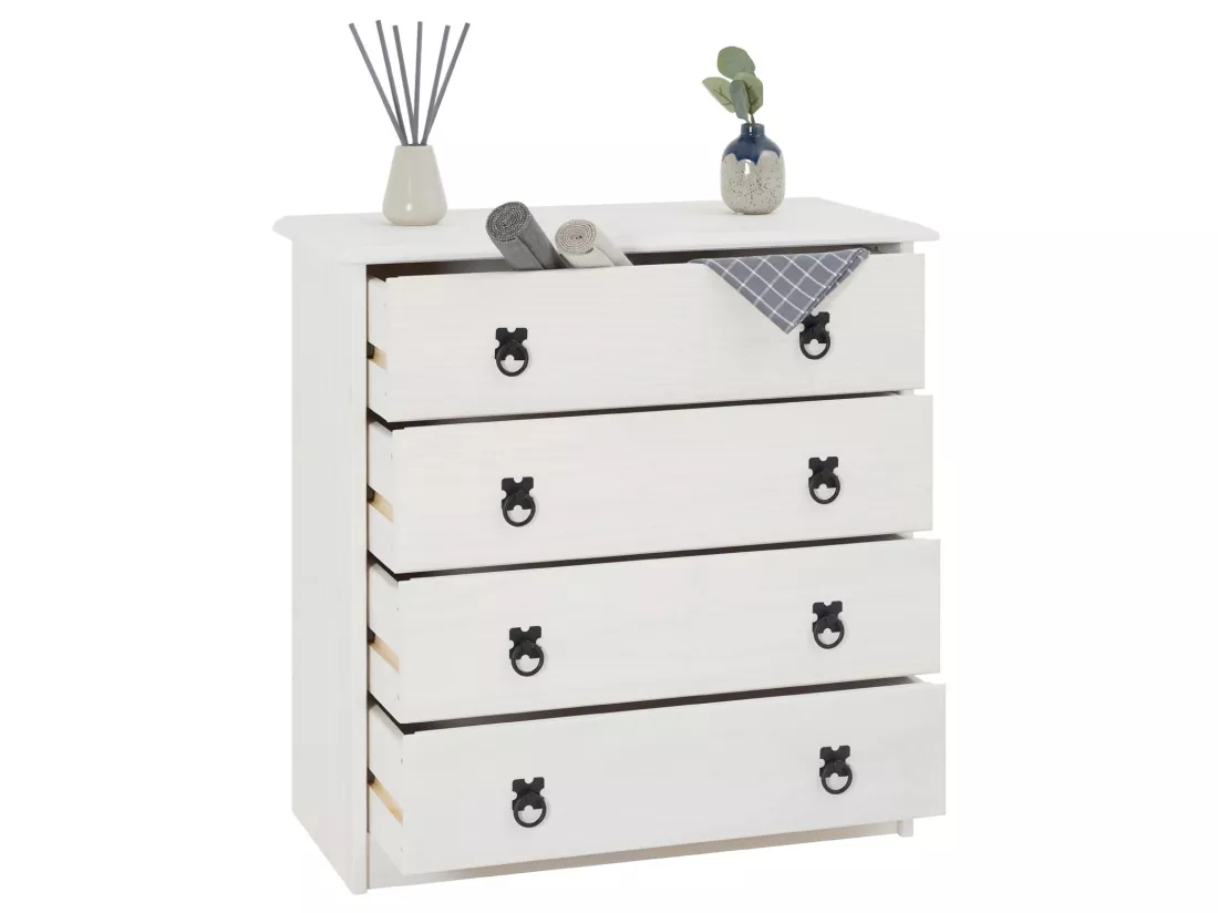 Commode en pin RESIDENCIA 4 grands tiroirs buffet bahut vaisselier en bois style mexicain, lasuré blanc