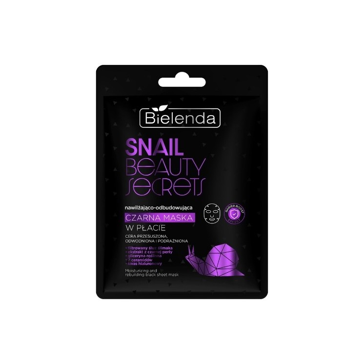 Bielenda SNAIL BEAUTY SECRETS Feuchtigkeitsspendende und aufbauende schwarze Blattmaske mit gefiltertem Schneckenschleim, 1 Stü