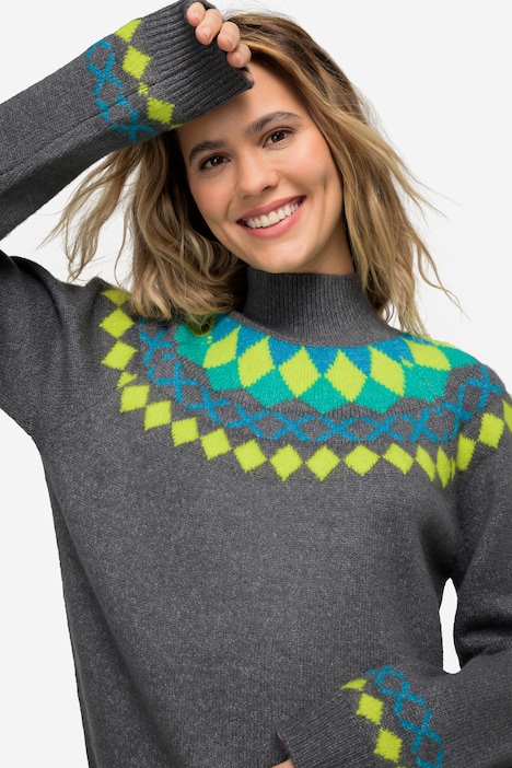 Norweger-Pullover, farbige Muster, Stehkragen, Raglan-Langarm