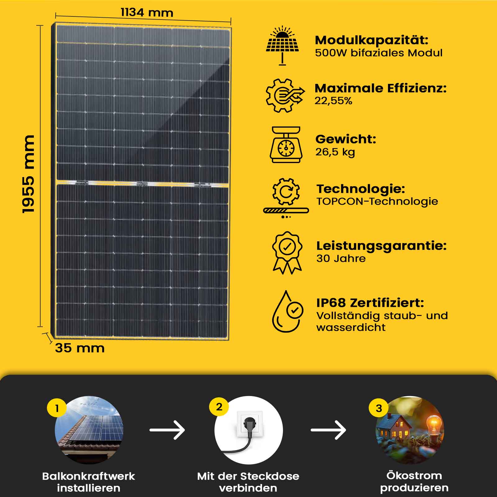 Epp Balkonkraftwerk Komplettset 2000W Bifazial | Deye Wechselrichter 2000W | Photovoltaik Solaranlage mit 5m Wielandstecker