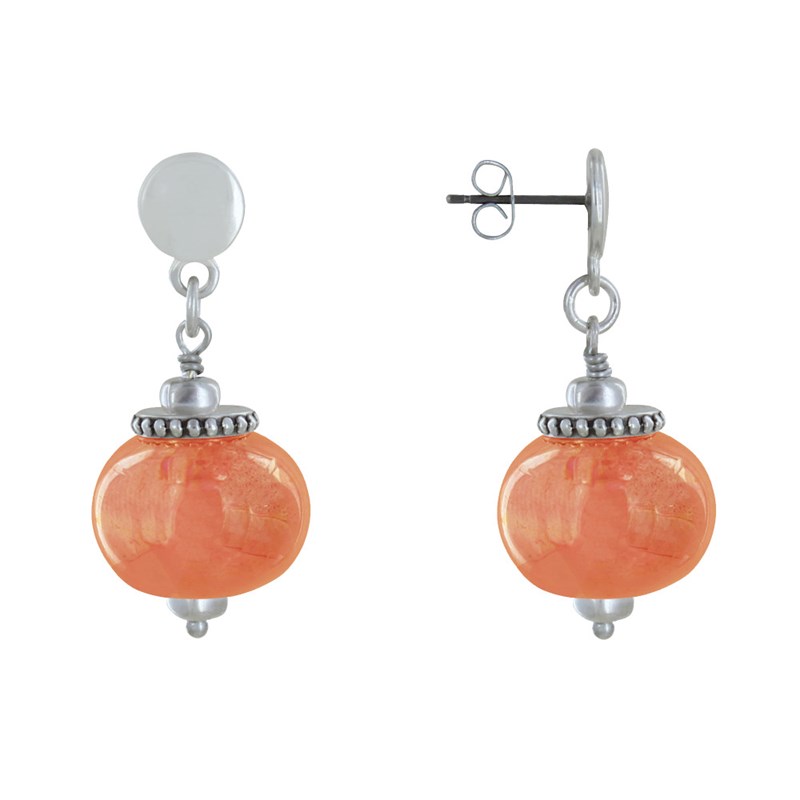 Boucles d'Oreilles Clous Métal Argenté et Grosses Perles en Céramique