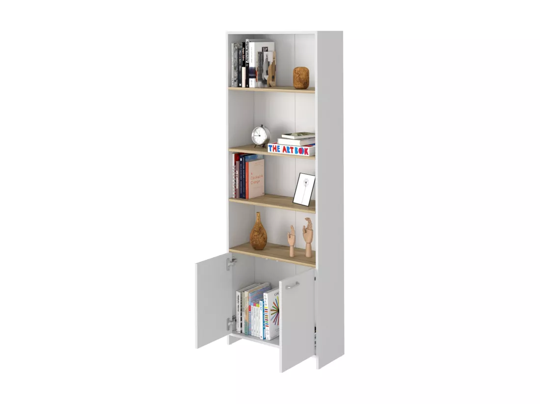 Bibliothèque Z63 étagère de 4 étagères ouvertes et un tiroir, 180,6 cm de haut x 63 cm de large x 26 cm de profondeur, blanc / dune
