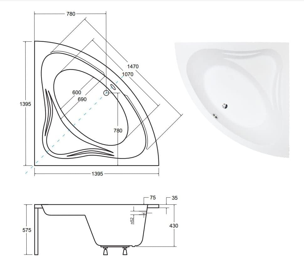ECOLAM® symmetrische Badewanne Eckwanne Mia 140x140 cm Modern Design Acryl weiß Ablaufgarnitur Ab- und Überlauf Automatik Füße Silikon Komplett-Set (+ Acrylschürze)
