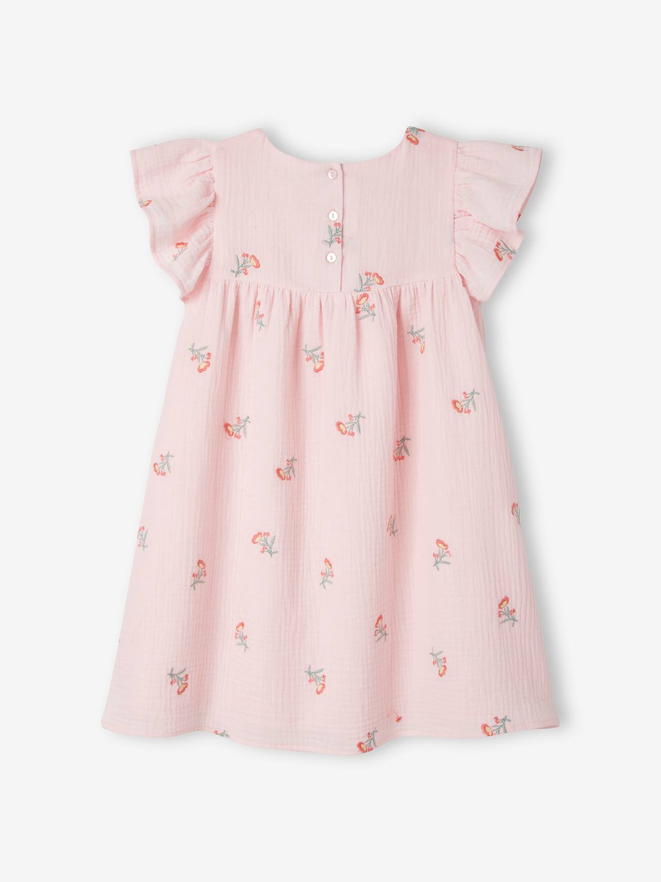 Vestido de chiffon de algodão bordado para meninas, estampa rosa claro.