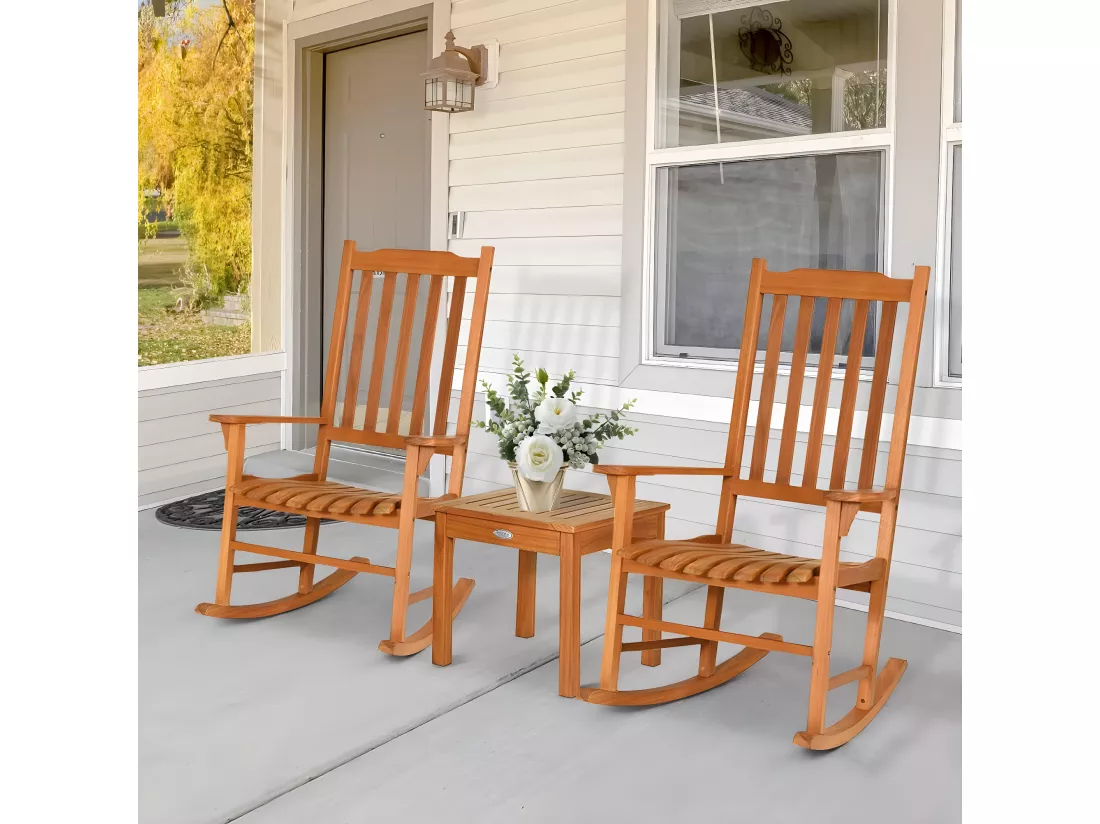 Ensemble de Jardin 3 Pièces, Table et 2 Chaises à Bascule en Bois d’Eucalyptus, Salon de Jardin pour Balcon, Terrasse