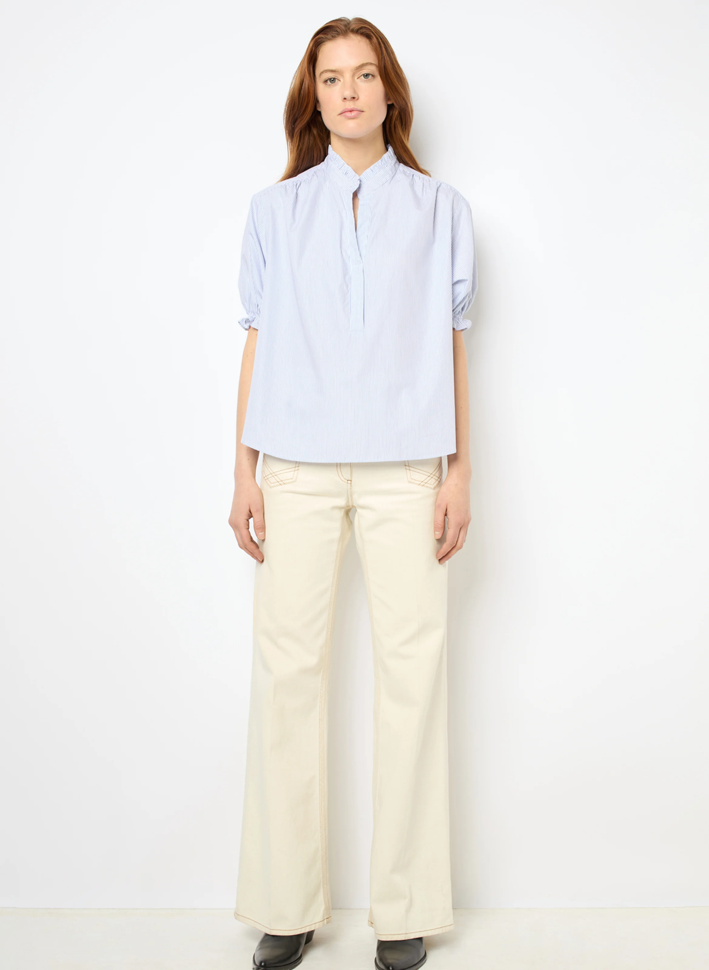 BAO - Blouse col montant en coton rayé | Bleu