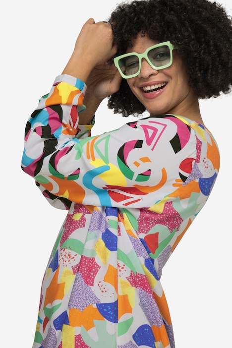 Kleid, Midilänge, Patch-Druck, Tunika-Ausschnitt, Langarm