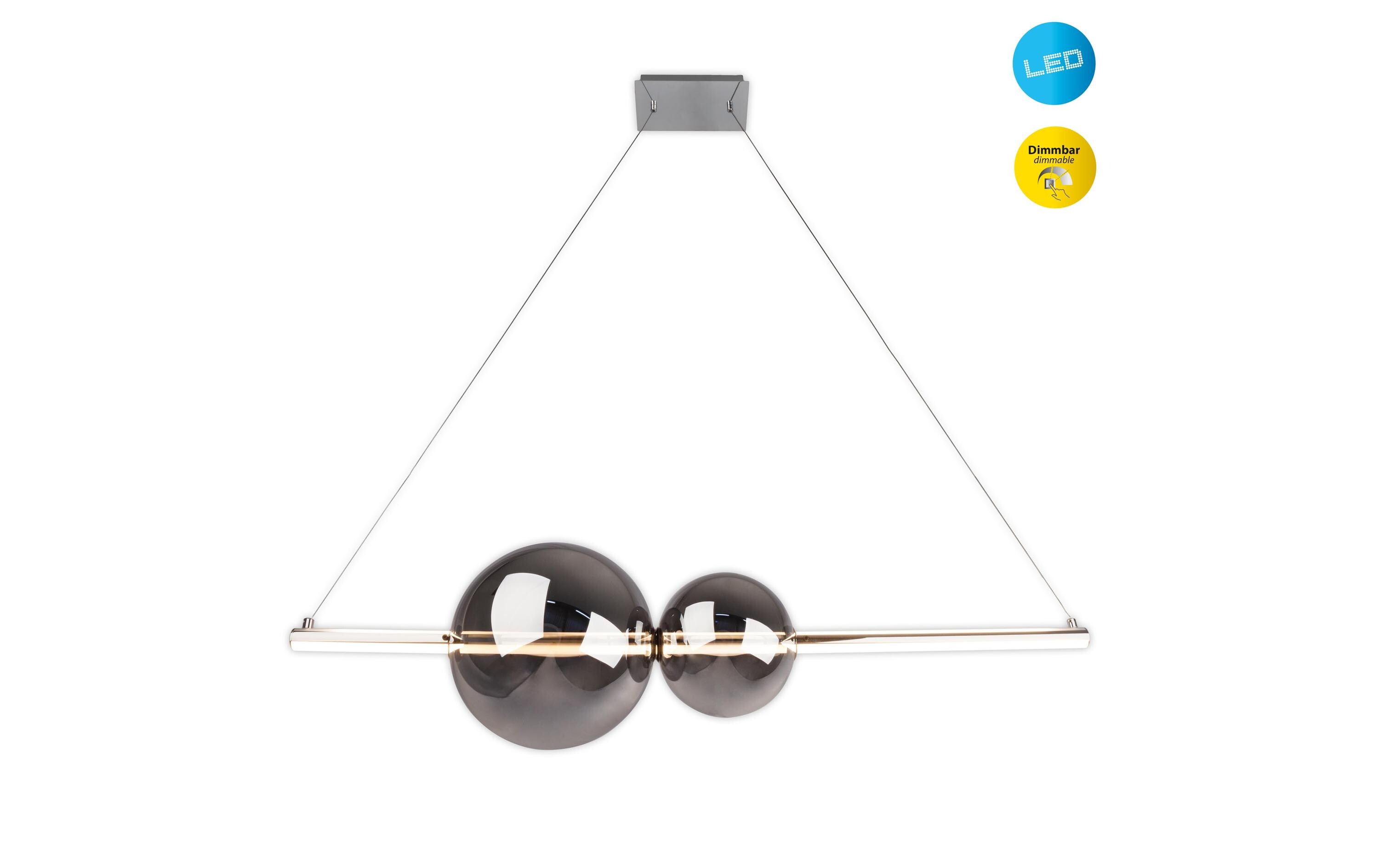Pendelleuchte LED «NOVA» Chrom 100 cm<br>Dimmbare Hängeleuchte aus Metall und Glas mit zwei Kugel
