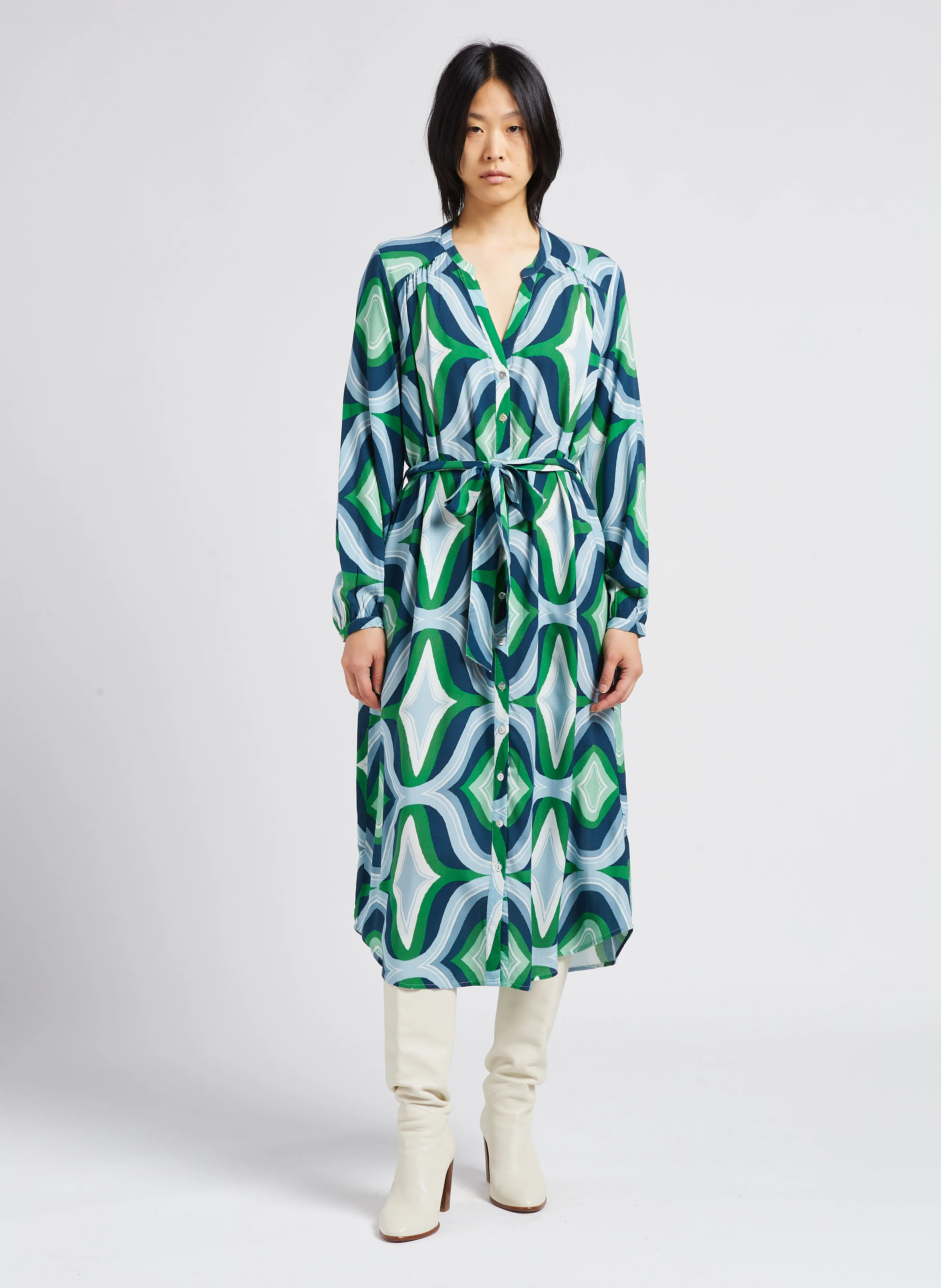 CLELIE - Robe midi col tunisien imprimé géométrique| Vert