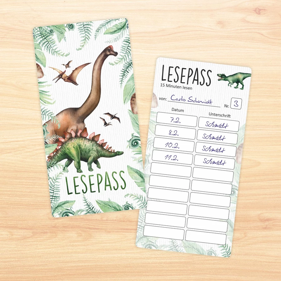 Nikima Lesepass Dinosaurier Lesezeichen zum lesen üben Grundschule  10-100 Stück 50 Stück