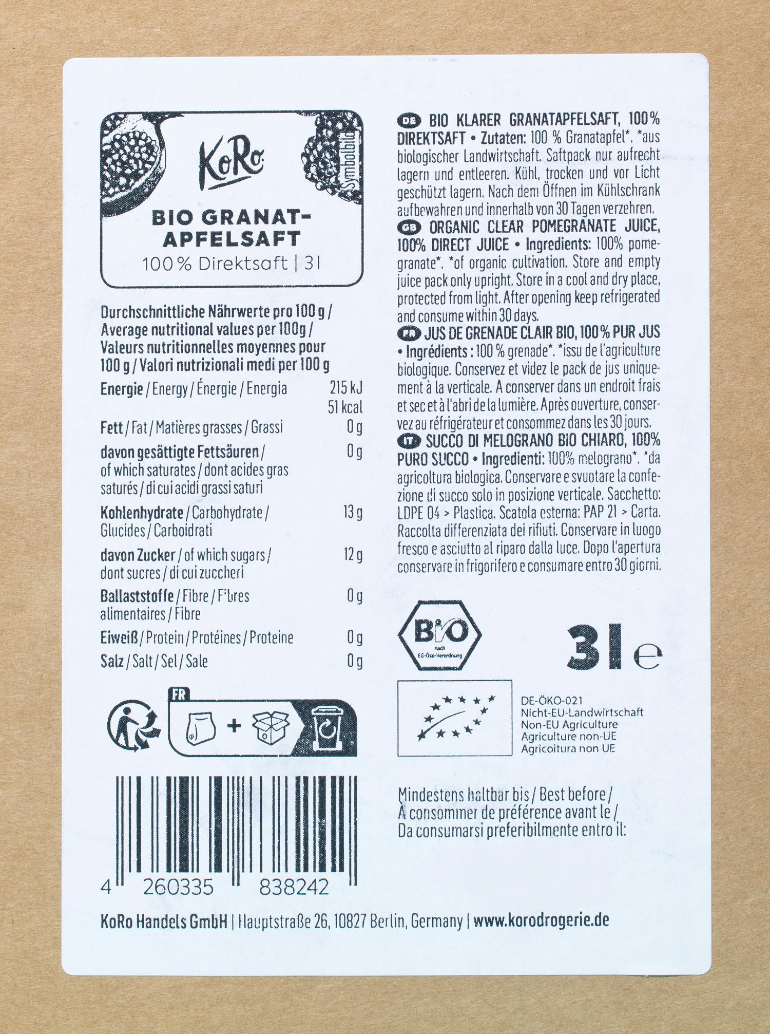 Bio Granatapfel Saft Bag-in-Box 3 L