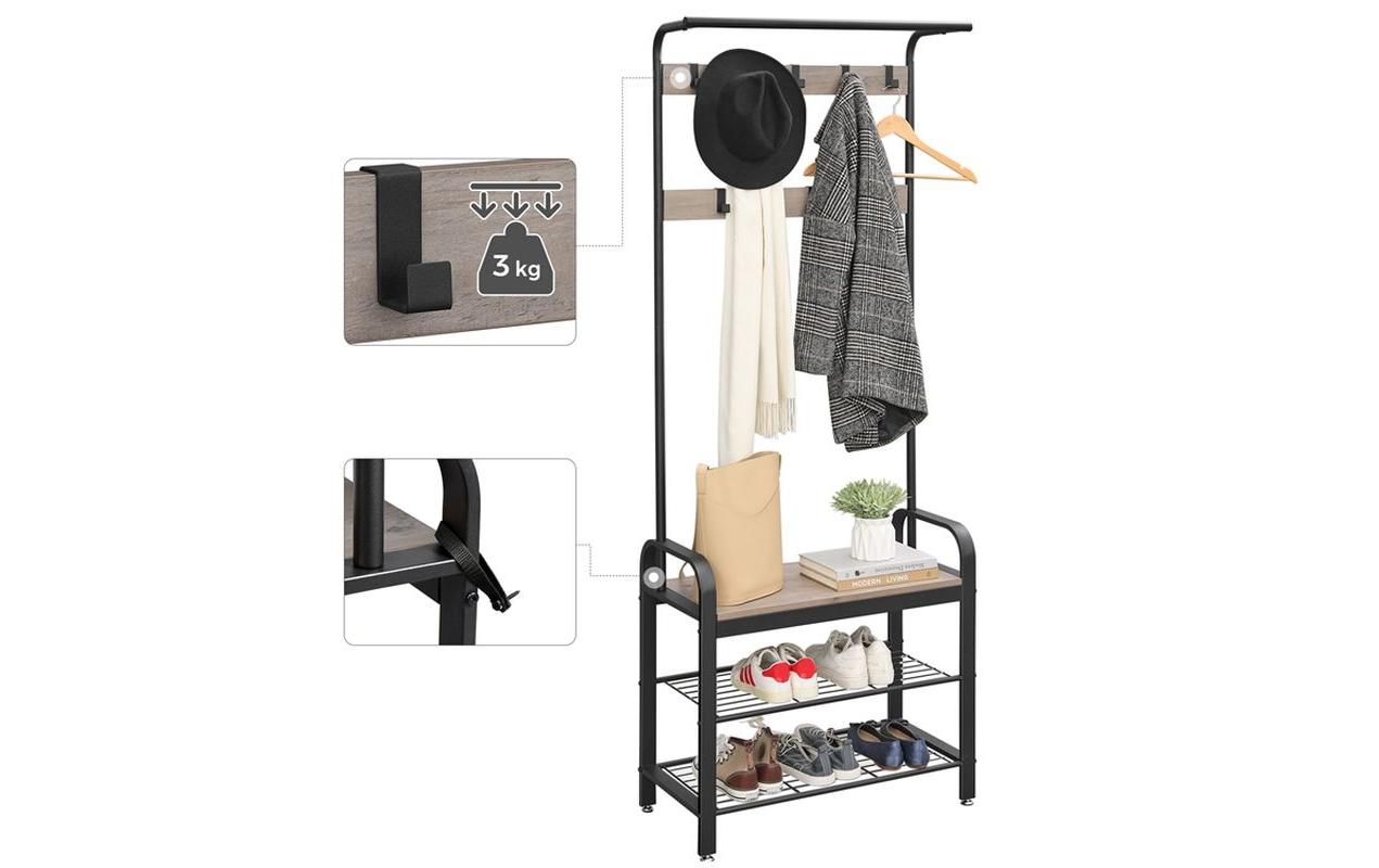 Garderobe mit Schuhablage 183 cm, Grau/SchwarzKleiderständer mit Sitzbank