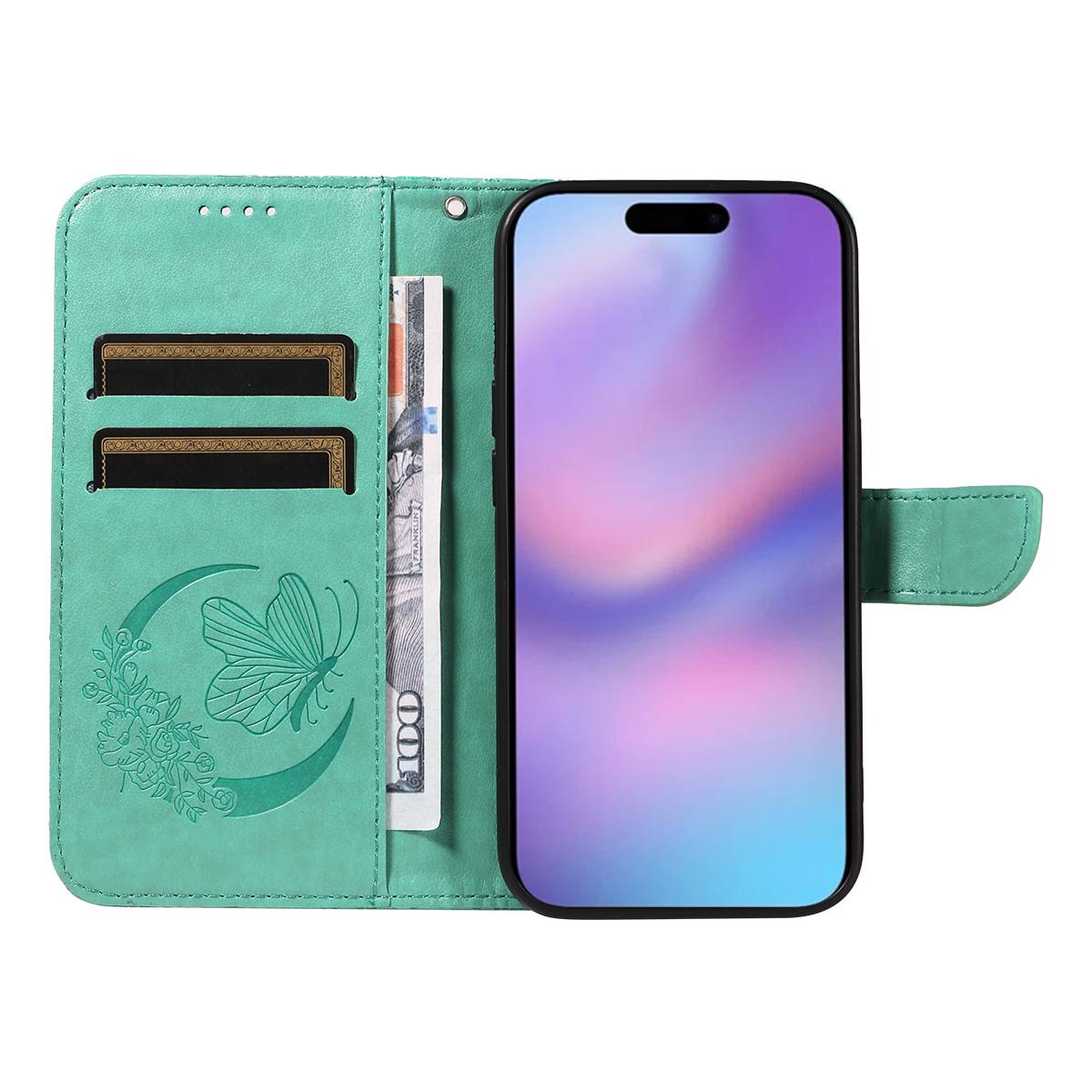 iPhone 17 Leder Tasche Flip Cover Schmetterlinge Imprint - Türkis