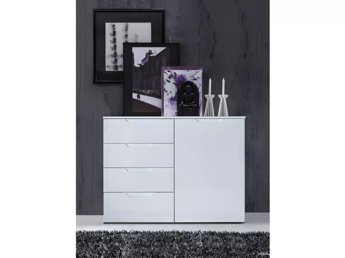 Commode 110 cm blanc laqué et mat 1 porte et 4 tiroirs - PURE