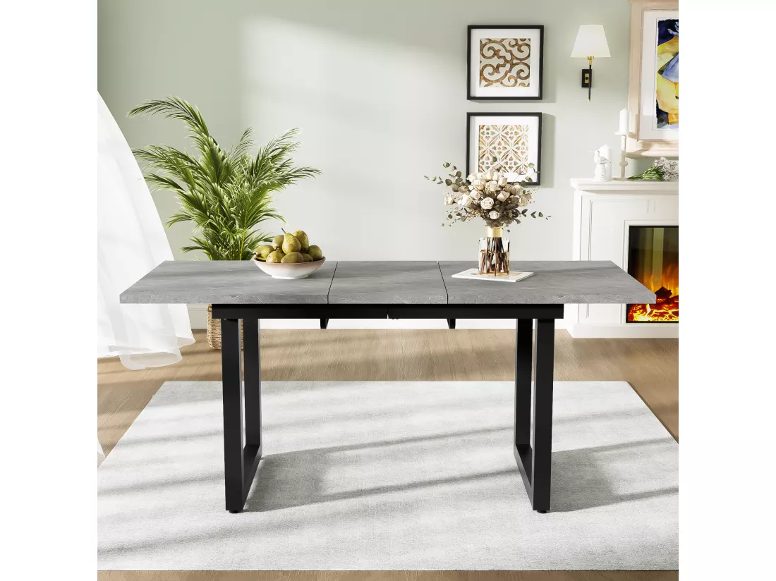 Table à manger extensible 4 à 6 couverts - 140/180 x 80 x 75 cm - MDF et pièds en fer - Effet marbre - Gris