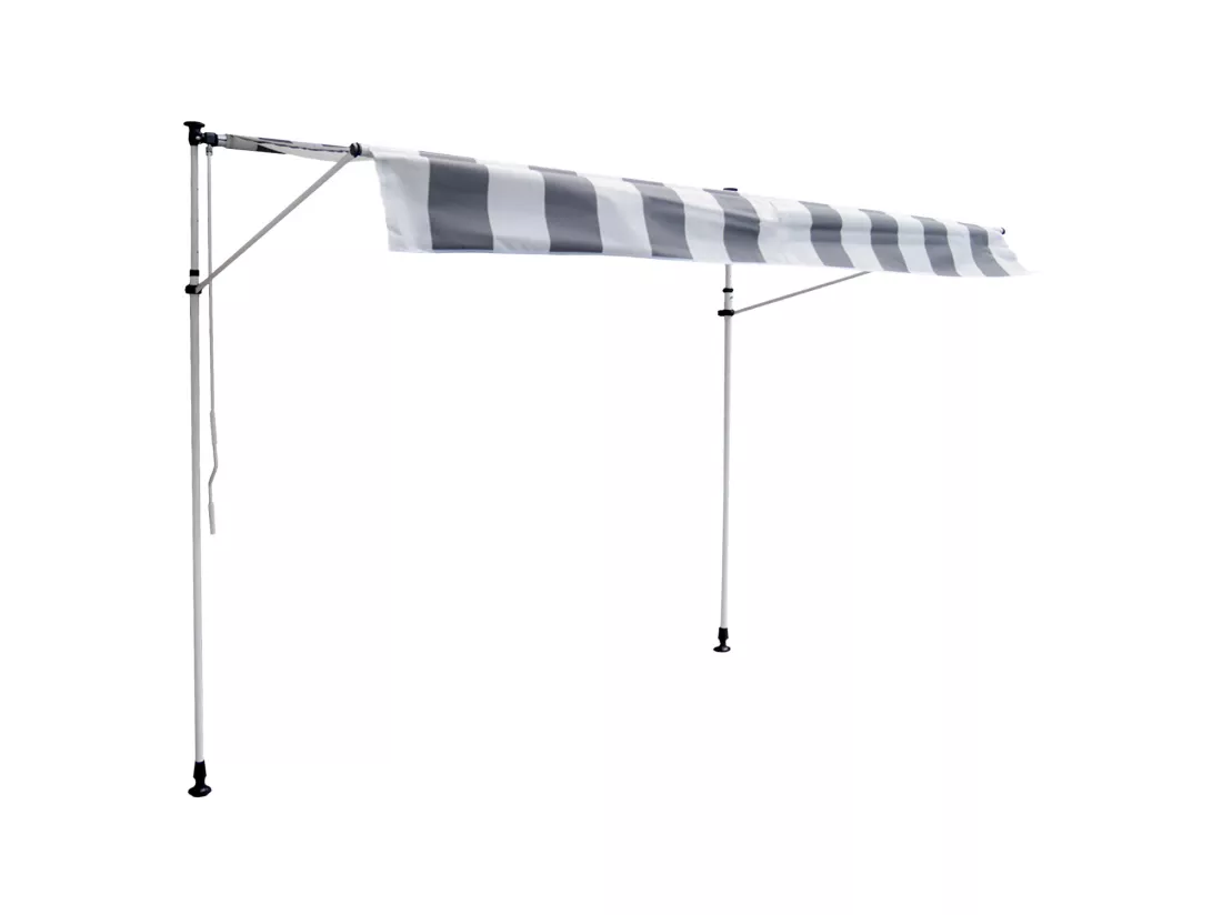Store banne pour balcon CHENE 3 × 1,2m - Toile rayée blanche/grise et structure blanche - HAPPY GARDEN