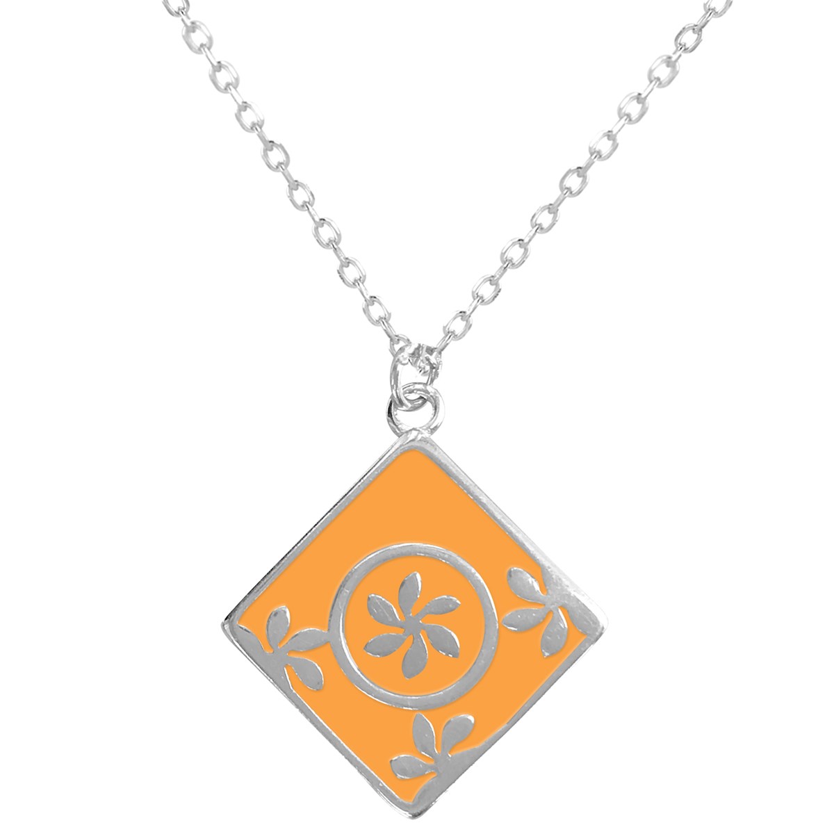 Collier fleur en argent rhodié avec émail orange