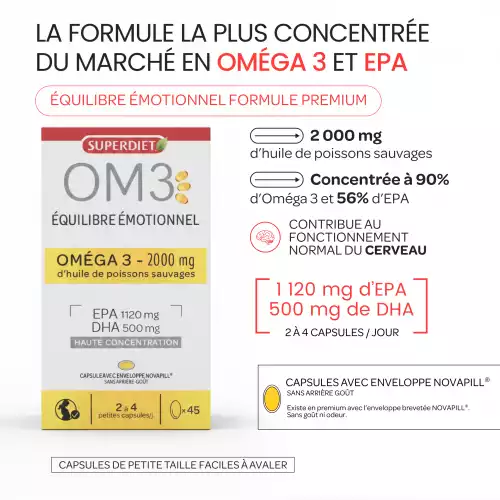 Équilibre Émotionnel Premium - EPA - 2000 mg d'huile de poissons sauvages concentrée à 90% d'Oméga 3 - 45 Capsules