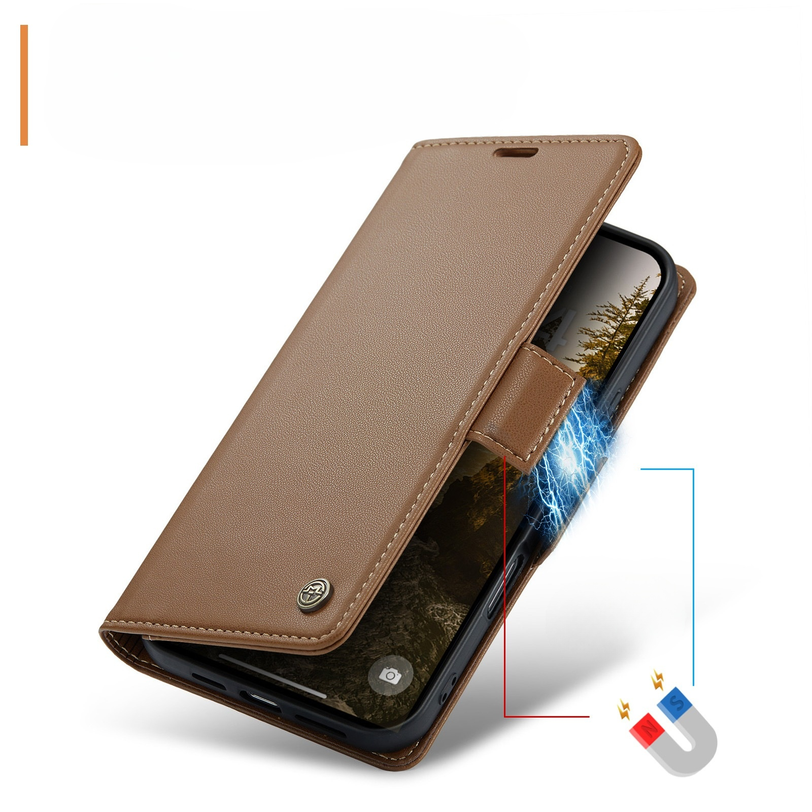 iPhone 17 Pro Leder Tasche Flip Wallet Etui mit Kartenfächern Litchi Look (RFID Schutz) - Braun