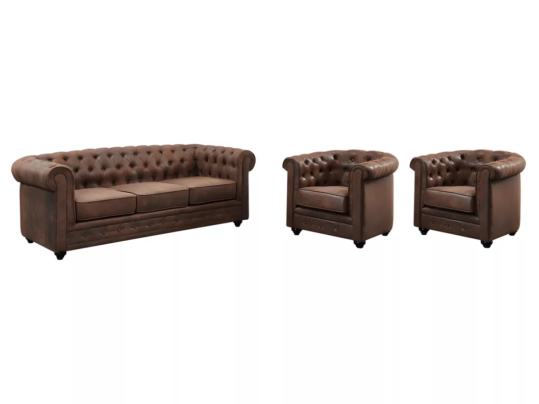 Canapé 3 places et 2 fauteuils CHESTERFIELD en microfibre aspect cuir vieilli