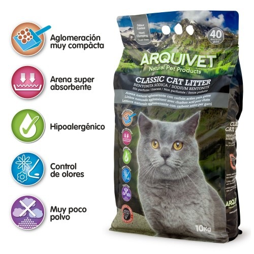 Areia higiênica clássica para gatos, com bentonita sódica e efeito aglomerante.