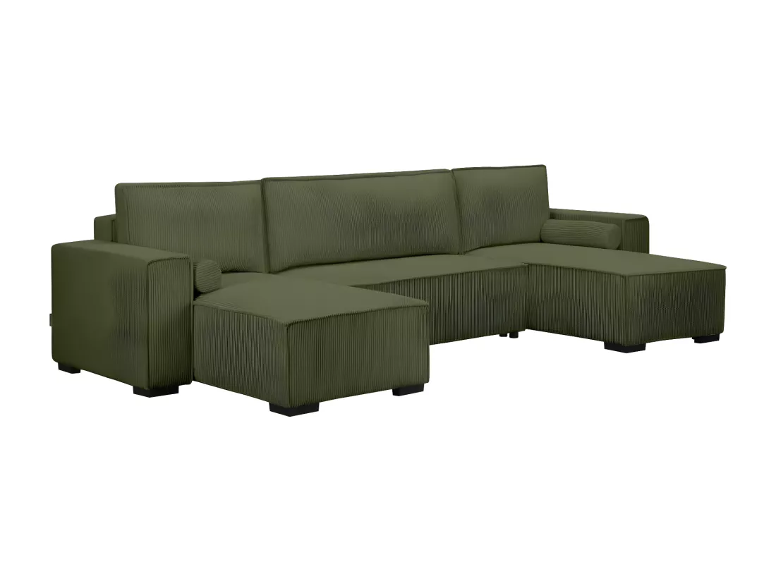Canapé panoramique 5 places Clarence convertible avec coffre en velours côtelé - Vert foncé - L322 x P161 x H87cm - Loungitude