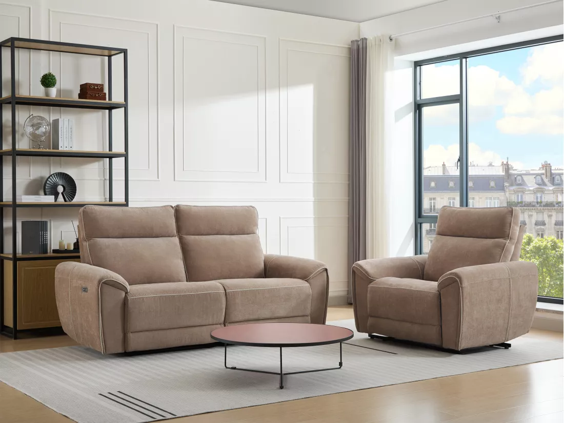 Canapé 3 places et fauteuil relax électrique en tissu taupe DJARALO
