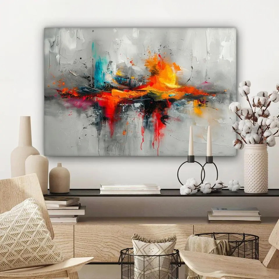 MuchoWow Canvas Schilderij 90x60cm Moderne kunst Oranje Grijs